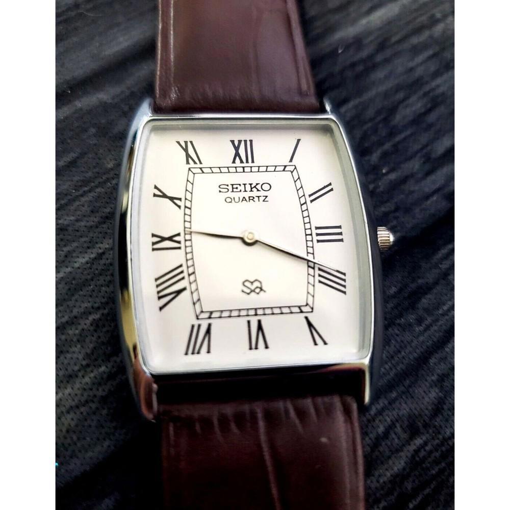 RARE NOS Seiko Men Barrel Tank White Roman Dial Brown Strap - Picture 4 of 7